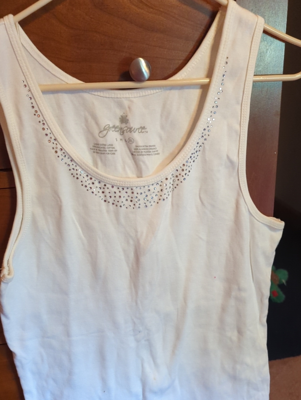 Green Source.  White Tank Top with Rhinestone Accents. New. NWOT.  X